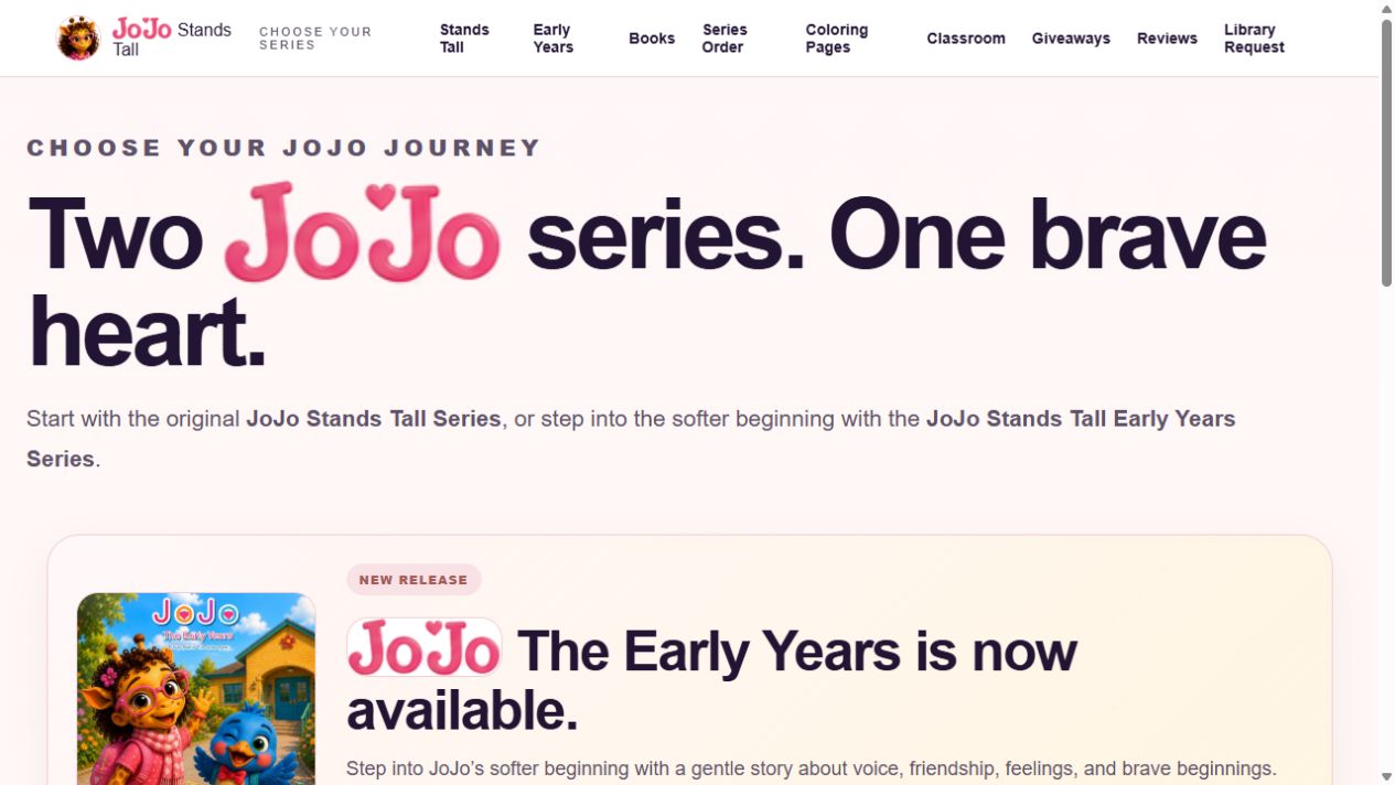 JoJo Stands Tall children’s book series website home page