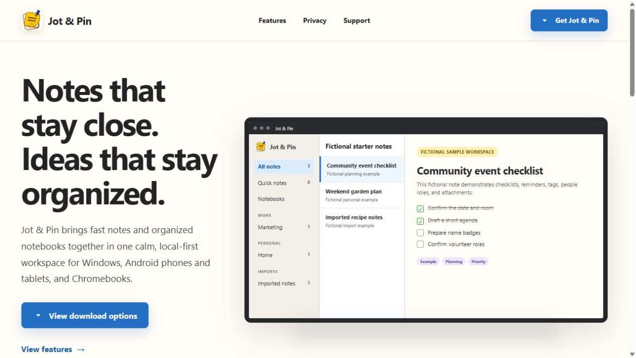 Jot and Pin notes application website home page