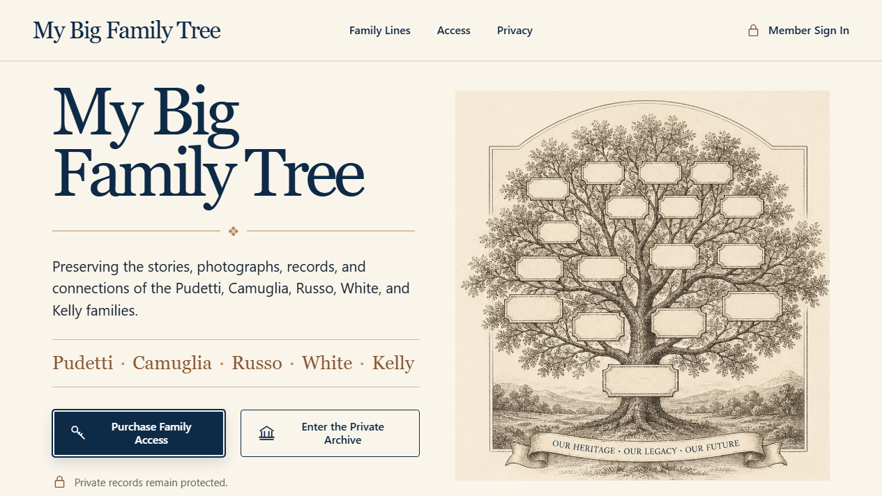 My Big Family Tree public homepage with an illustrated heritage tree