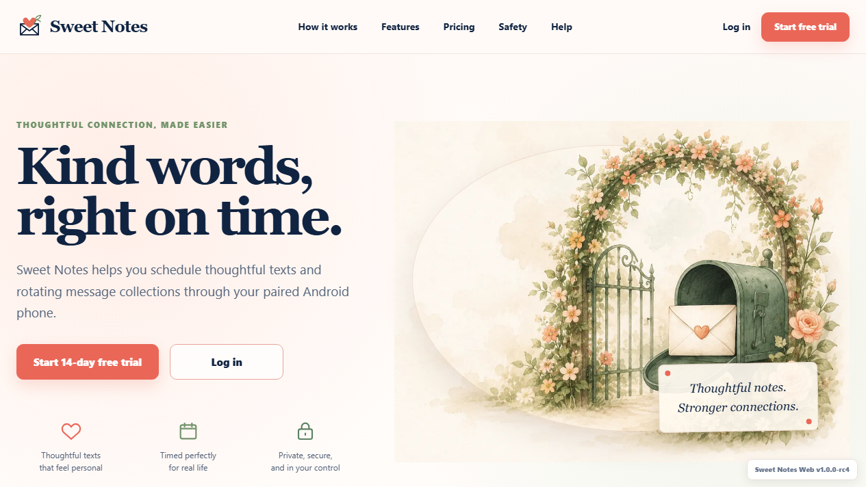 SweetNotes public homepage with floral mailbox artwork and Kind words, right on time headline
