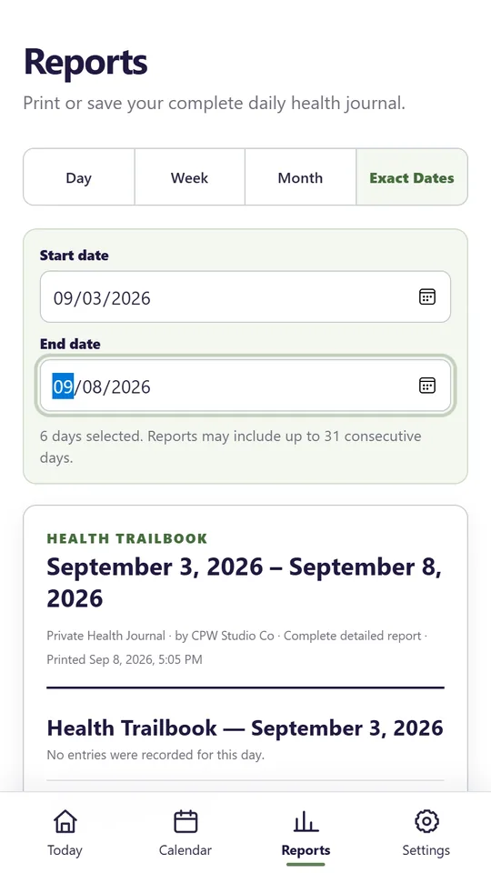 Health Trailbook exact-date report screen