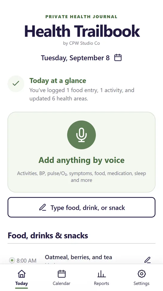 Health Trailbook daily health journal screen