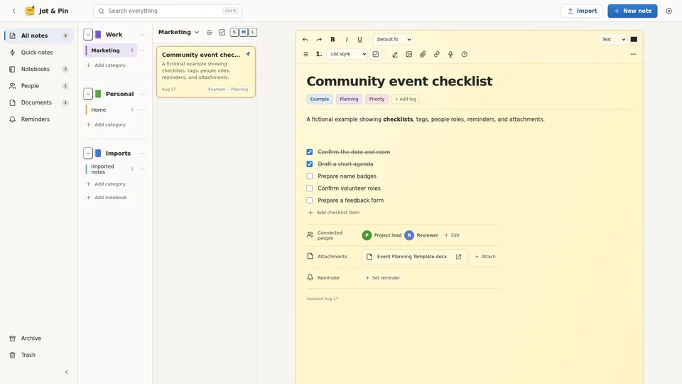 Jot and Pin workspace with notebooks, a checklist, tags, attachments, and reminders