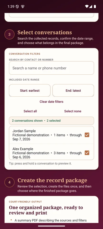 Save Your Texts conversation selection screen