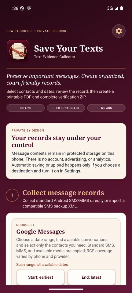 Save Your Texts message collection screen